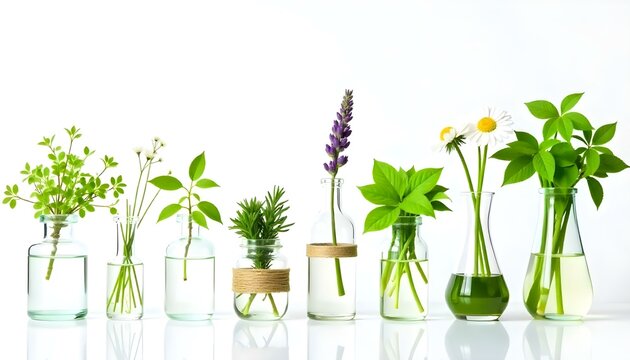 Una fotograf&iacute;a de naturaleza muerta muestra una fila de jarrones y recipientes de vidrio transparente, cada uno con diferentes tipos de hierbas y flores, sobre un fondo blanco brillante