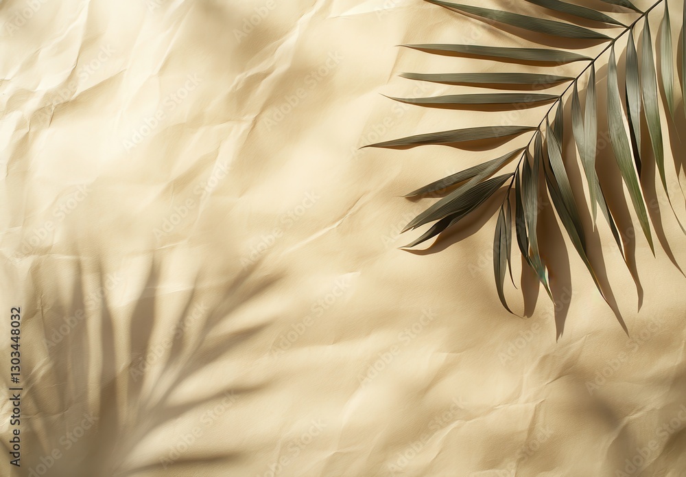 Aufkleber elegant natural composition with palm leaf casting shadows on textured beige background for backgrou