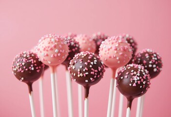 Decadent Cake Pops Dark Chocolate, Light Pink Treats, Delicious Dessert. Sweet Confections Sprinkled Delight. Gourmet Pastry Perfection. A Treat For Any Occasion. Celebration Sweets.
