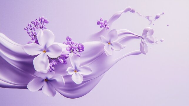 ilac flowers floating on a smooth liquid texture against a soft purple background. Ideal for beauty, skincare, and luxury branding