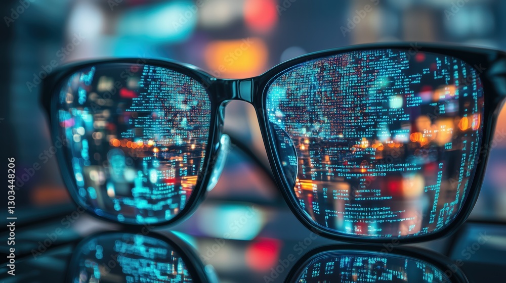 Poster the lenses of sleek eyeglasses glow with cascading digital code, symbolizing the fusion of vision, t