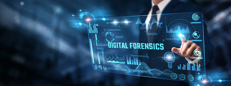 Digital Forensics: Businessman analyzing digital screen of graph data and evidence analysis, data recovery, cybercrime investigation, incident response, and forensic tools.