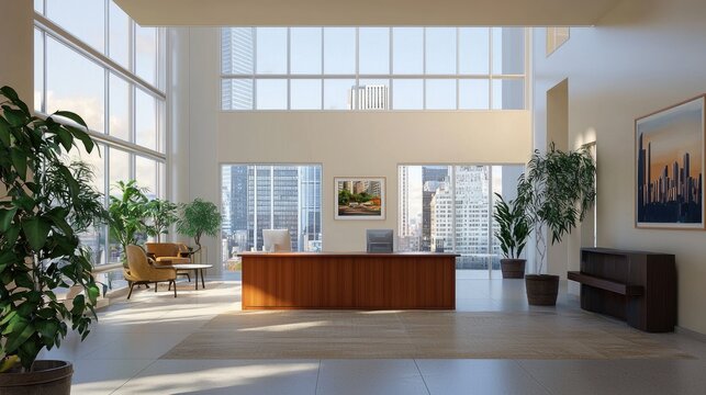 Corporate office interior with high ceilings, open space, and a view of skyscrapers.