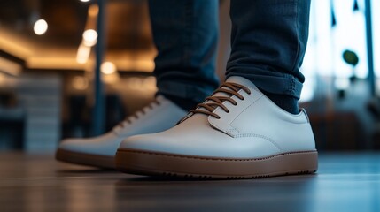 Man's white leather shoes on wooden floor in cafe