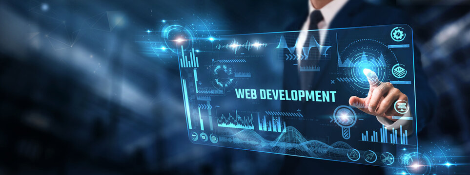 Web Development: Businessman analyzing digital screen of graph data and website performance, user interface, coding efficiency, responsive design, and backend optimization.