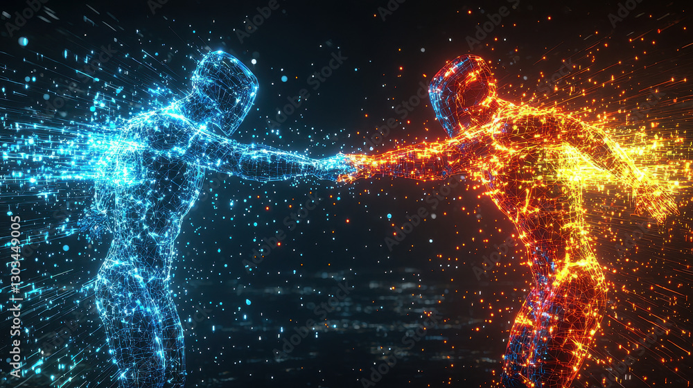 Poster futuristic digital battlefield featuring an aggressive ai hacker and a defensive ai in a real-time c
