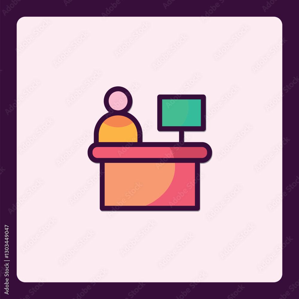 Poster minimalist vector icon depicting a receptionist station with computer