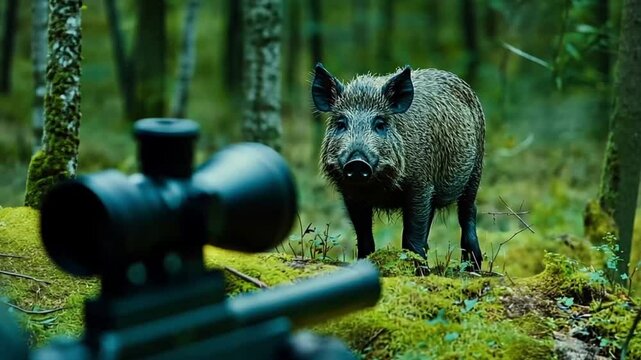 Wild boar observed in forest, sniper rifle aimed, hunting scene, possible wildlife photography