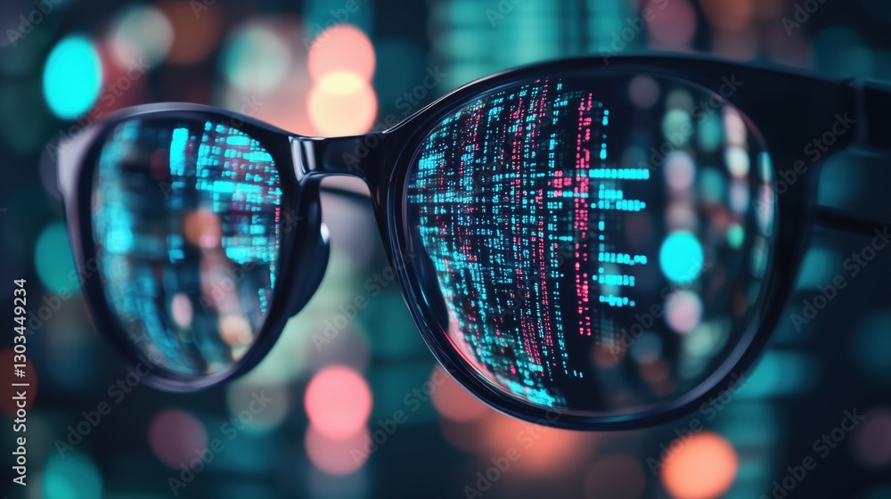 Poster the lenses of sleek eyeglasses glow with cascading digital code, symbolizing the fusion of vision, t