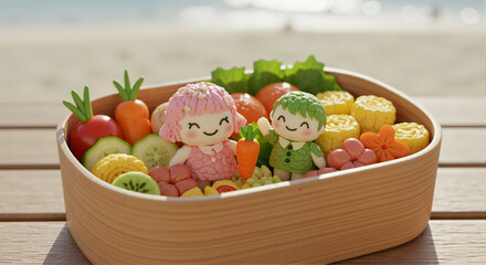 A vibrant 3D-rendered bento box with cute food characters—a girl and a boy—surrounded by fresh vegetables and sushi rolls. Placed on a wooden table by the sea, evoking a summer vibe