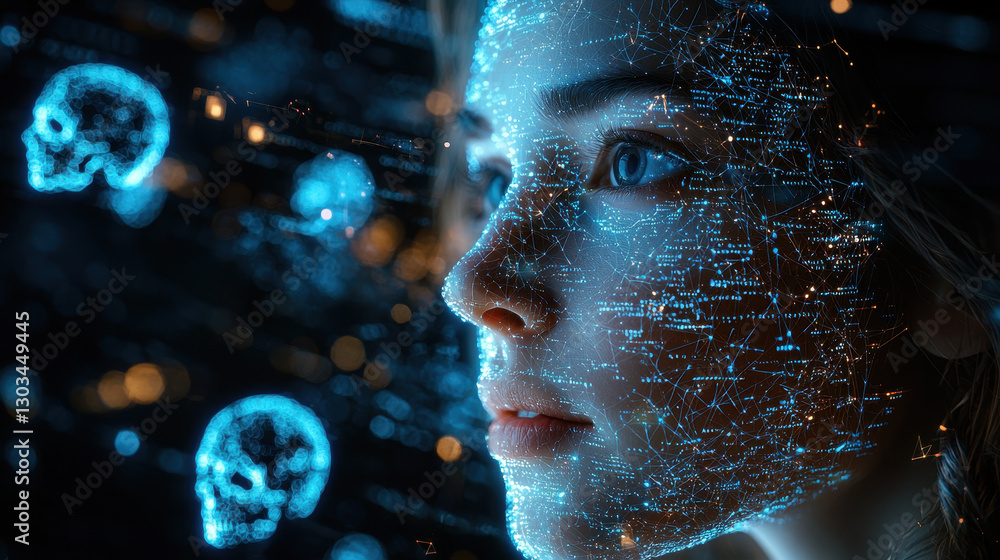 Poster futuristic hacker in a dark room illuminated by holographic code during a real-time cyber attack wit