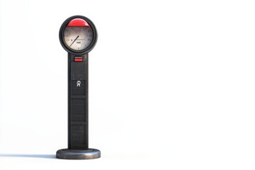 A solitary parking meter illuminated by sunlight on a quiet urban street isolated on transparent background