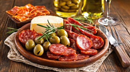 Delicious Spanish tapas including olives, chorizo, and manchego cheese on a rustic plate.