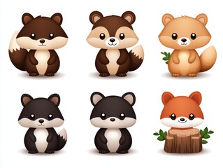 Fototapeta premium Cute cartoon animals featuring raccoons and foxes in a playful forest setting