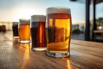 Wooden table with round of cold beers