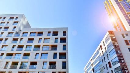 Modern and new apartment building. Multistoried modern, new and stylish living block of flats.