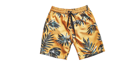 Yellow floral swim shorts isolated on black background