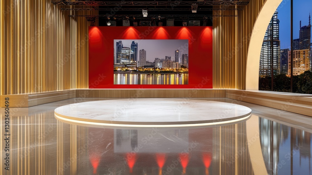 Poster dynamic newsroom background featuring a large display screen and broadcast-ready lighting.