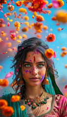 Holi Festival of Colours Concept, Spring Holi bloom, beautiful traditional woman with green eyes, flower petals, splashes of vibrant powder, blue skies, drifting festive colours, Indian Hinduism