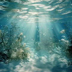 Fototapeta premium Ethereal Underwater Scene with Sunlight Streaming through Water and Vibrant Marine Plants in a Tranquil Ocean Environment