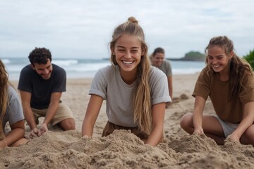 Friendly group building sandbox having fun at beach