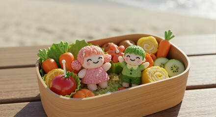 A vibrant 3D-rendered bento box with cute food characters—a girl and a boy—surrounded by fresh vegetables and sushi rolls. Placed on a wooden table by the sea, evoking a summer vibe