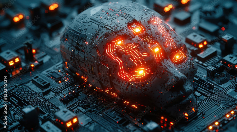 Poster surreal digital landscape with glowing red anomalies and a cybernetic head in a blue cyber matrix sh