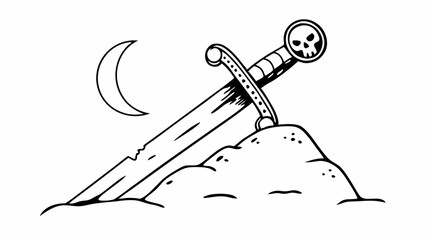 Pirate sword with a skull pommel stuck in a mound of sand under a crescent moon
