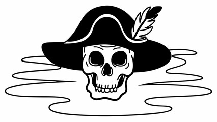 Black and white illustration of a pirate skull wearing a tricorn hat with a feather
