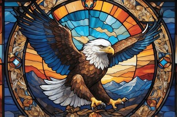 Vibrant stained glass mural of an eagle in flight against a mountainous sunset background
