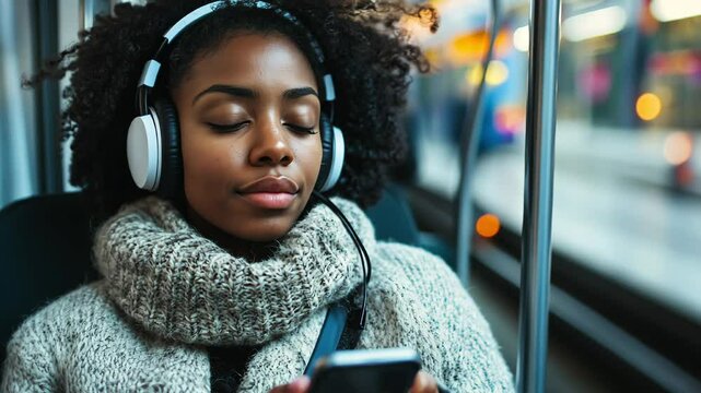 Black woman listen to music with closed eyes and relaxes in public transport