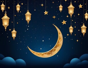 Fototapeta premium Ramadan Night Background with Golden Lanterns and Crescent Moon