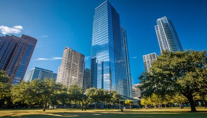 Obraz premium Urban Oasis: Modern skyscrapers piercing a vibrant blue sky, with lush trees creating a contrast between nature and the built environment.