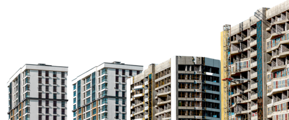 Modern high-rise condominium in metropolitan downtown. Concrete structure with large windows offering views of the clear summer sky and city street. New multi-story residential development, investment