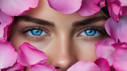 Soft petals frame her face, enhancing her tranquil expression, while the contrast of deep shadows adds depth to the wellness-inspired portrait.