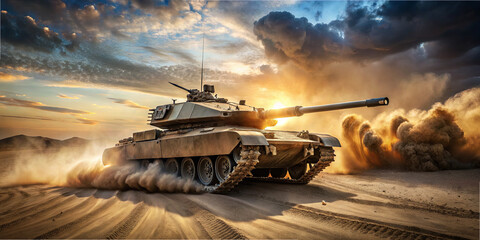 A military tank moves rapidly across a sandy desert terrain during sunset. Dust is thrown up behind it as powerful sunlight highlights the vehicle, emphasizing its strength and agility