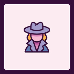 Stylized icon featuring a woman in a detective outfit with a modern touch