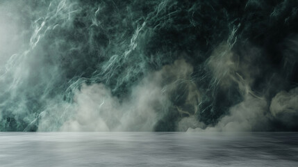 Minimalist Studio Room with Polished Concrete Floor and Deep Green Marble Background Featuring Swirling Smoke for a Moody Luxury Product Showcase