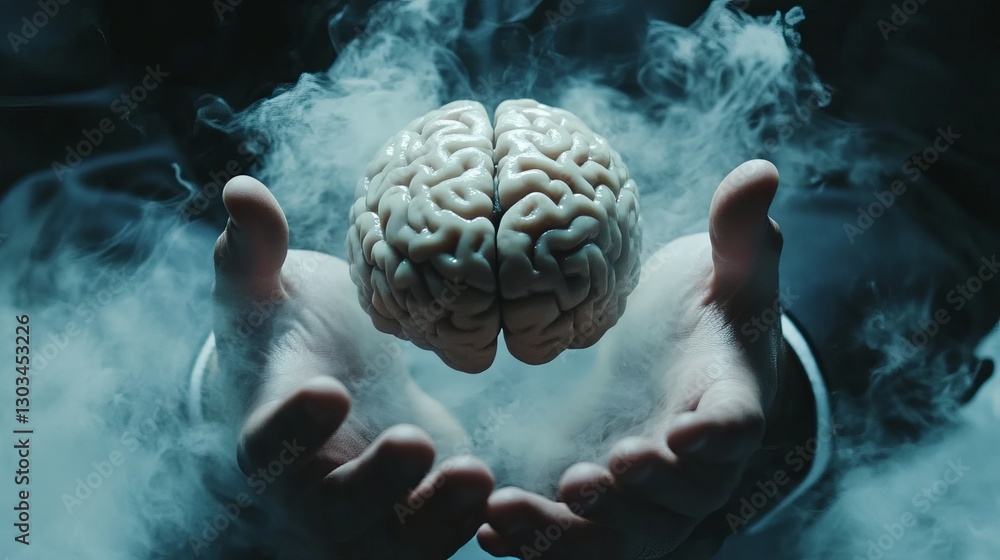 Poster a businessman holds a brain in his hands symbolizing ai deep learning and innovative thinking in bus