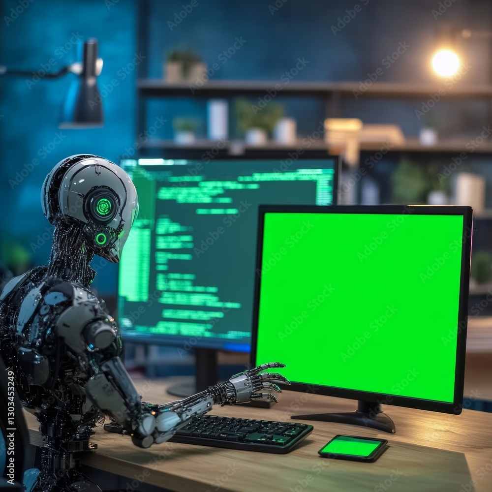 Fototapete robot working with computer in dark office. green screen. 3d rendering