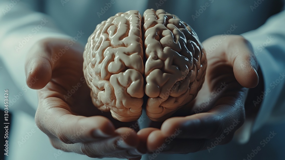 Poster a businessman holds a brain in his hands symbolizing ai deep learning and innovative thinking in bus