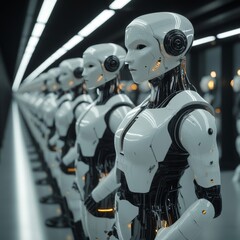 Fototapeta premium 3d rendering of a group of robots lined up in a row