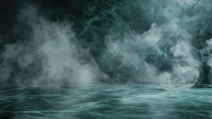 Fototapeta premium Minimalist Studio Room with Polished Concrete Floor and Deep Green Marble Background Featuring Swirling Smoke for a Moody Luxury Product Showcase