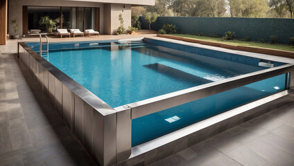 A Beautiful Rectangular Swimming Pool with Stainless Steel Accents