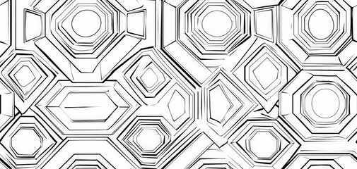 Complex hexagonal patterns showcase a variety of interconnected shapes in a symmetrical arrangement, emphasizing geometric design elements in black and white.