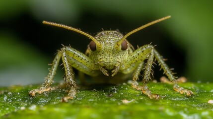 Naklejka premium A close-up of a green grasshopper perched on a leaf, showcasing its intricate details and textures.