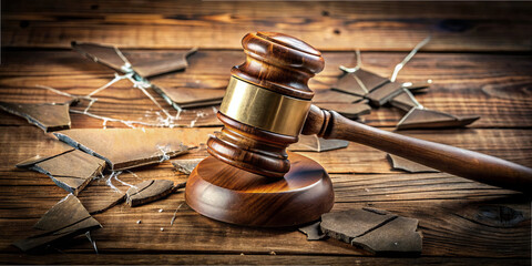 A court gavel is positioned prominently on a wooden base alongside broken glass shards and...