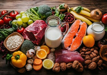 Fresh and Healthy Ingredients for Balanced Diet with Fruits, Vegetables, Meat, Fish, and Dairy on Rustic Wooden Table