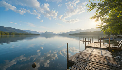 Naklejka premium Serene Lake Sunrise: Calm Water, Misty Morning