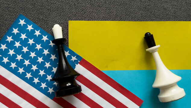 Chess pieces on the flags of the United States and Ukraine